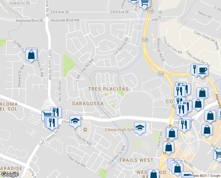 map of restaurants, bars, coffee shops, grocery stores, and more near 10619 Stanley Drive Northwest in Albuquerque