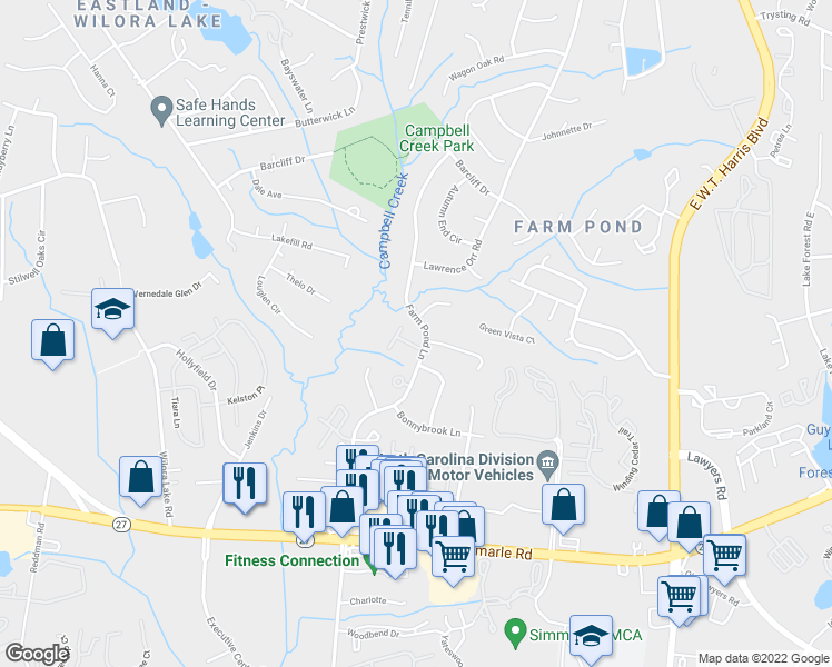 map of restaurants, bars, coffee shops, grocery stores, and more near 6112 Bent Tree Court in Charlotte