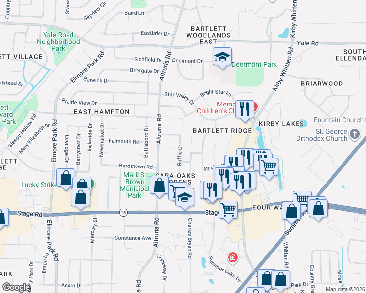 map of restaurants, bars, coffee shops, grocery stores, and more near 3074 Ruffle Drive in Bartlett