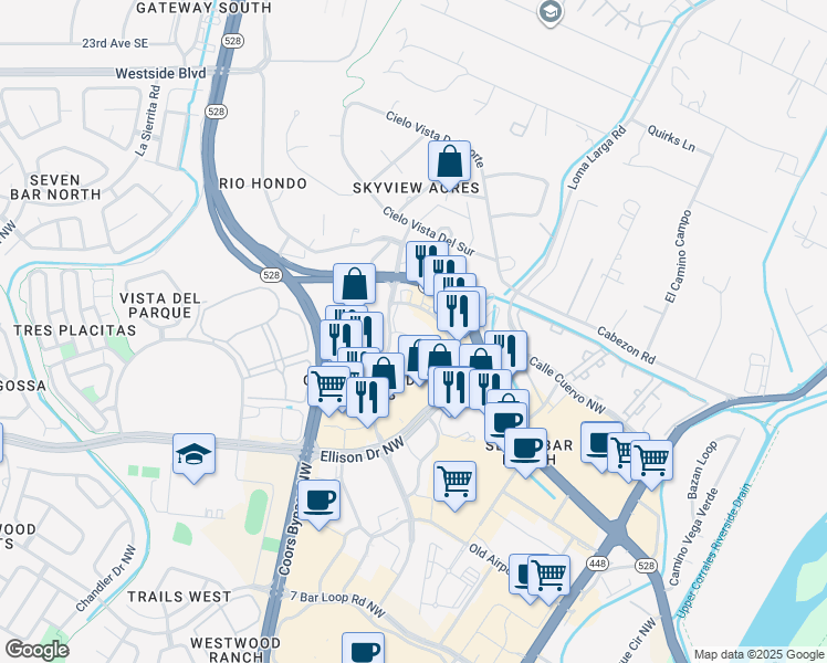 map of restaurants, bars, coffee shops, grocery stores, and more near 3715 Ellison Road Northwest in Albuquerque