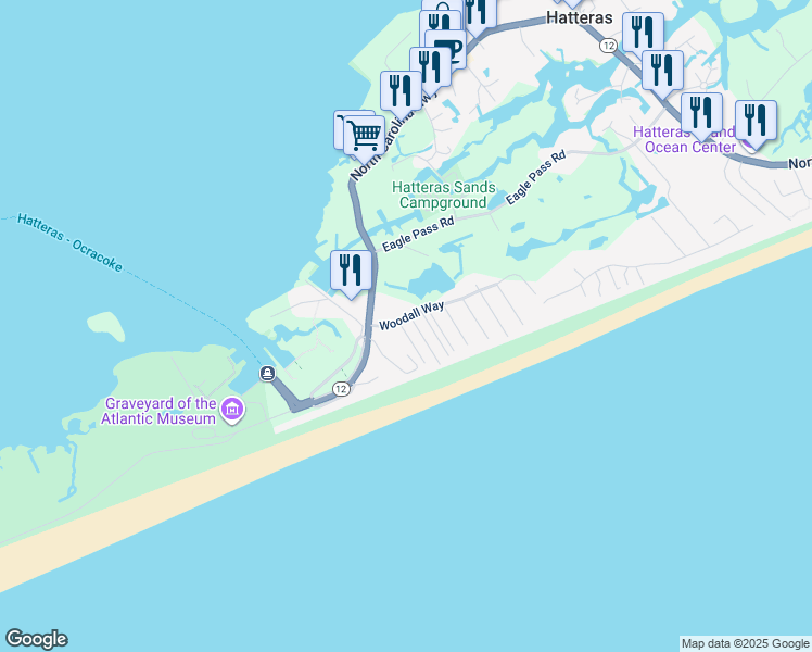 map of restaurants, bars, coffee shops, grocery stores, and more near 58202 1429 in Hatteras