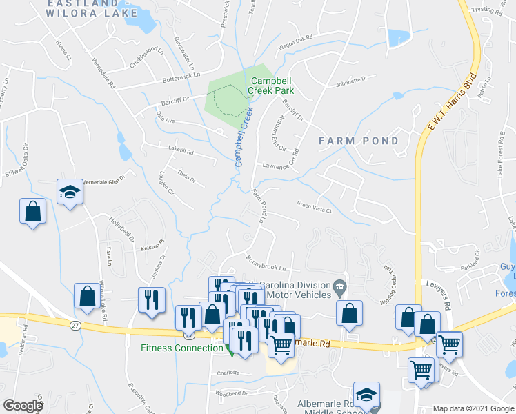 map of restaurants, bars, coffee shops, grocery stores, and more near 6112 Bent Tree Court in Charlotte