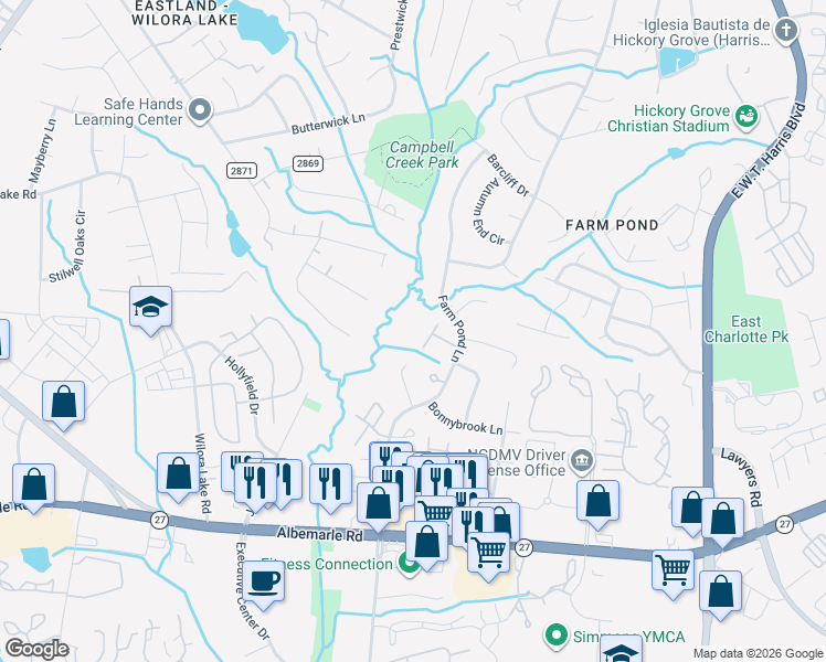 map of restaurants, bars, coffee shops, grocery stores, and more near 6153 Bent Tree Court in Charlotte