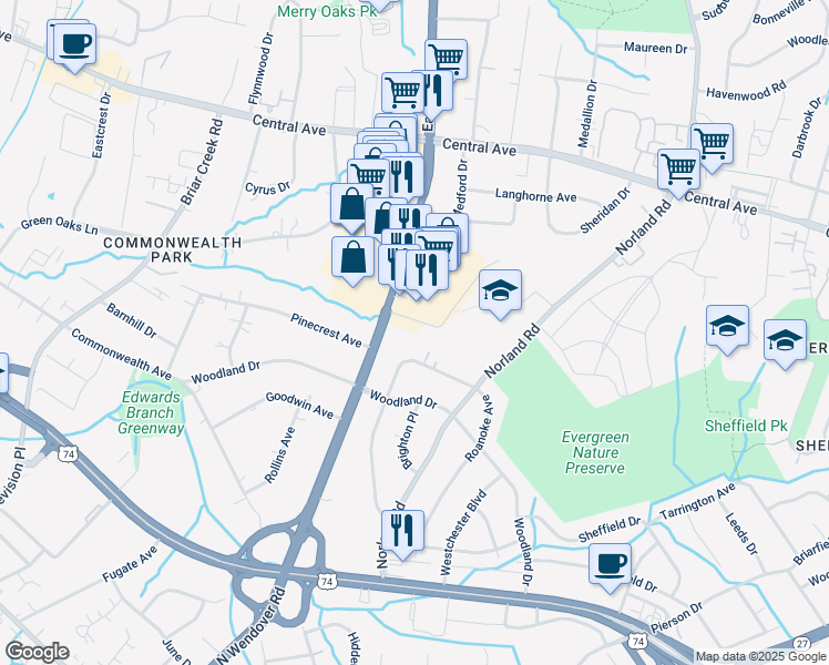 map of restaurants, bars, coffee shops, grocery stores, and more near 3407 Biscayne Drive in Charlotte