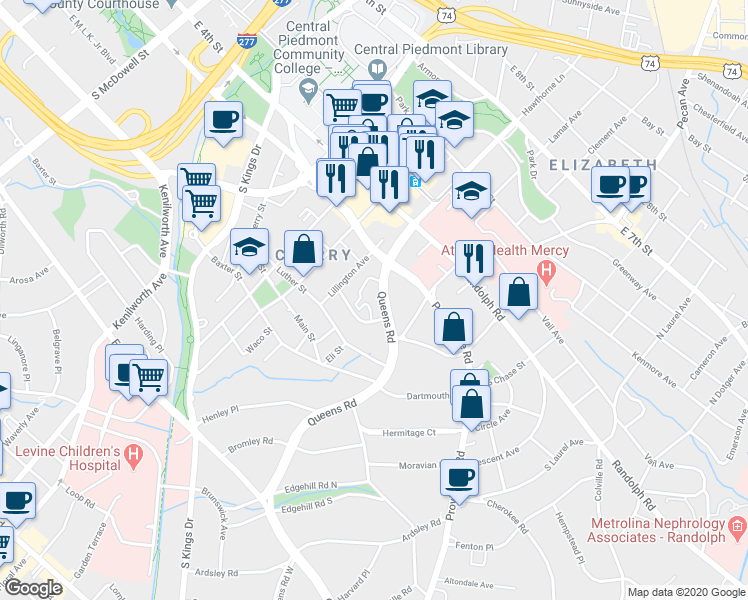 map of restaurants, bars, coffee shops, grocery stores, and more near 239 Queens Road in Charlotte