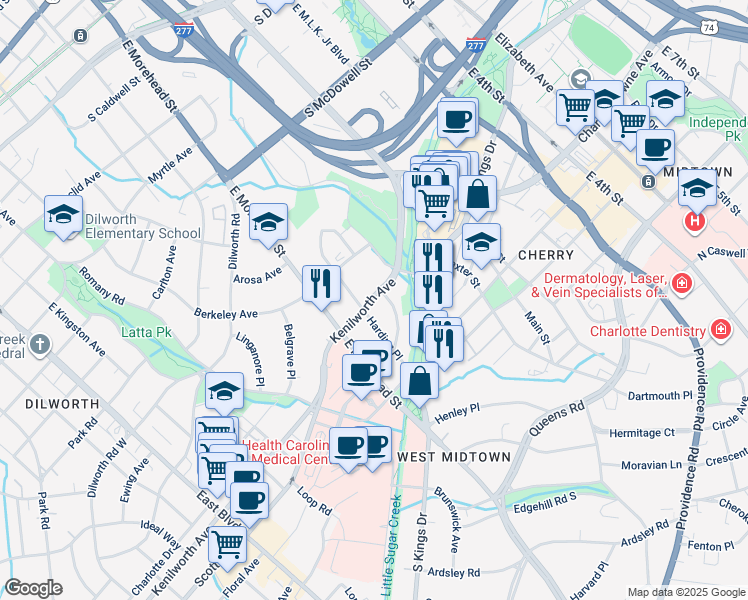 map of restaurants, bars, coffee shops, grocery stores, and more near 801 Kenilworth Avenue in Charlotte