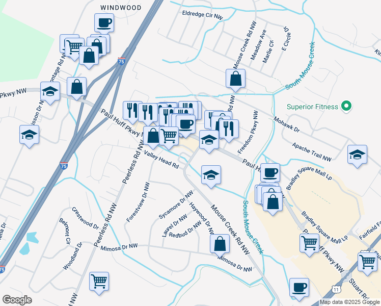 map of restaurants, bars, coffee shops, grocery stores, and more near 24 Stratford Circle Northwest in Cleveland