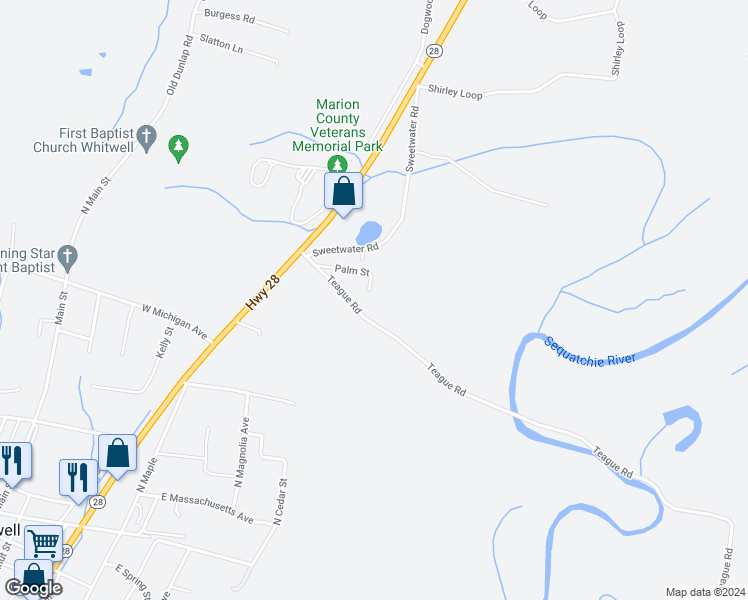 map of restaurants, bars, coffee shops, grocery stores, and more near 1710 Teague Road in Whitwell