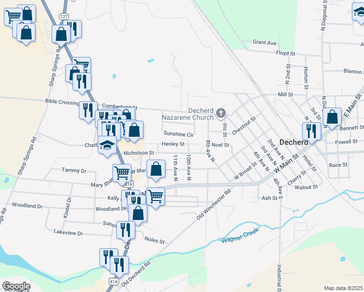 map of restaurants, bars, coffee shops, grocery stores, and more near 1105 Henley Street in Decherd