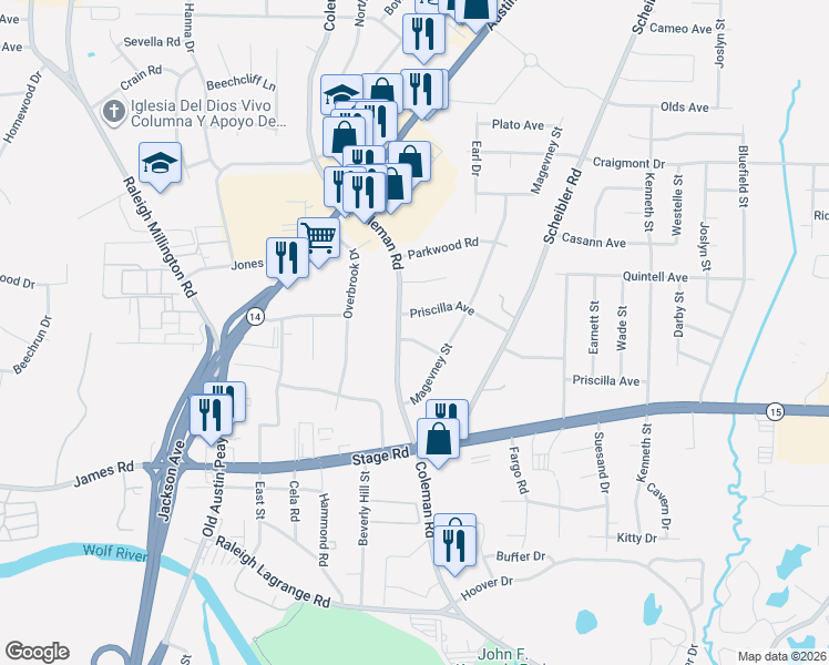 map of restaurants, bars, coffee shops, grocery stores, and more near 3082 Coleman Road in Memphis