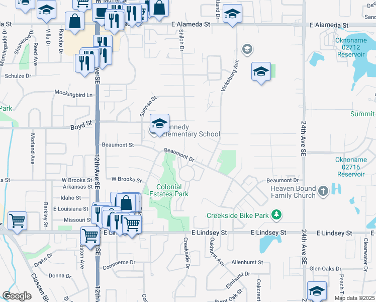 map of restaurants, bars, coffee shops, grocery stores, and more near 639 Sinclair Drive in Norman