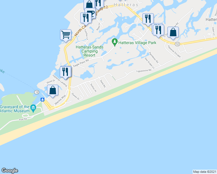 map of restaurants, bars, coffee shops, grocery stores, and more near 58220 Sea View Drive in Hatteras