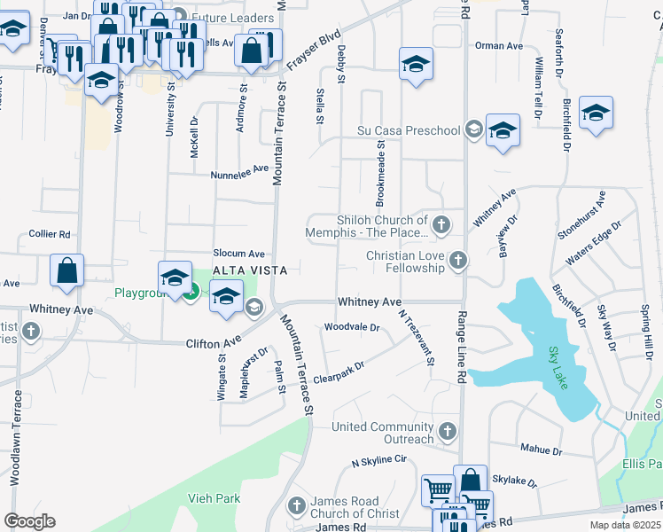 map of restaurants, bars, coffee shops, grocery stores, and more near 3075 Debby Street in Memphis