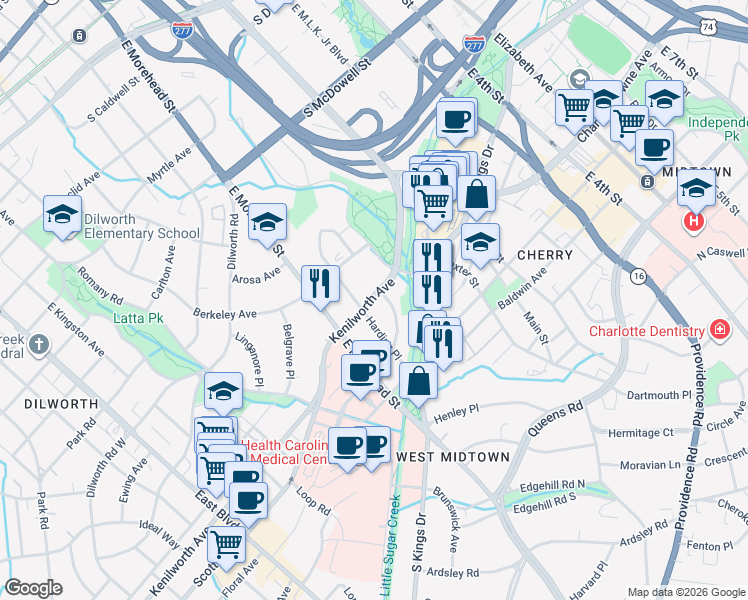 map of restaurants, bars, coffee shops, grocery stores, and more near 801 Kenilworth Avenue in Charlotte