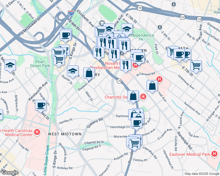 map of restaurants, bars, coffee shops, grocery stores, and more near 239 Queens Road in Charlotte