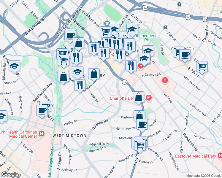 map of restaurants, bars, coffee shops, grocery stores, and more near in Charlotte