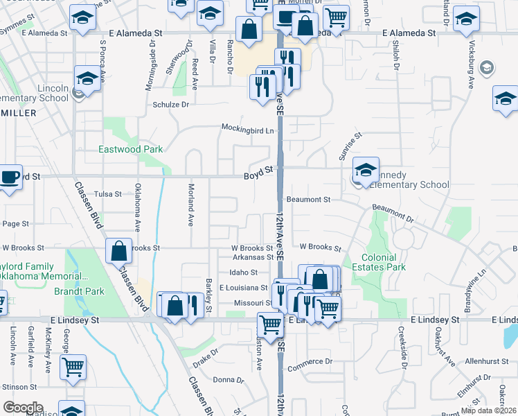 map of restaurants, bars, coffee shops, grocery stores, and more near 1429 Jami Dr in Norman
