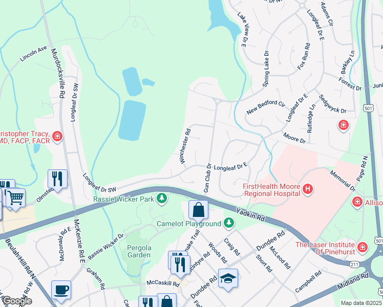 map of restaurants, bars, coffee shops, grocery stores, and more near 7 Lassiter Lane in Pinehurst
