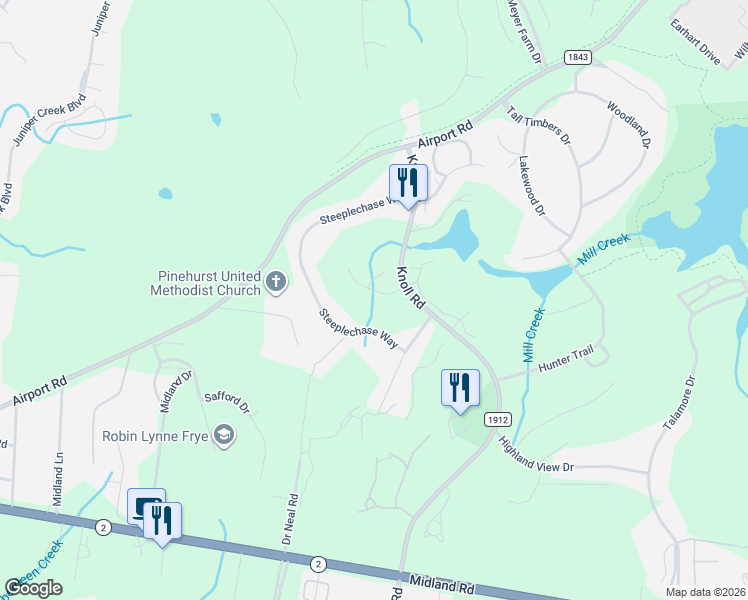 map of restaurants, bars, coffee shops, grocery stores, and more near 102 Steeplechase Way in Southern Pines
