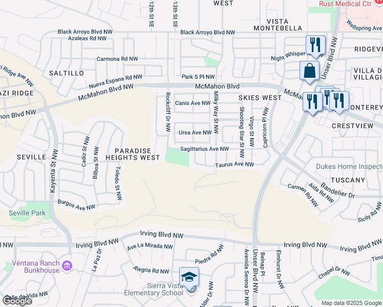 map of restaurants, bars, coffee shops, grocery stores, and more near 10523 Cassiopeia Street Northwest in Albuquerque