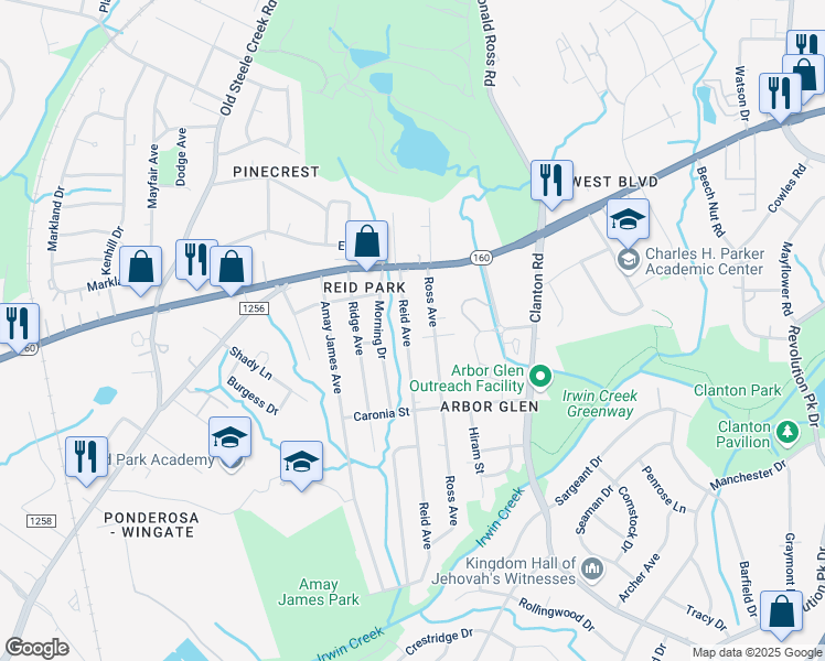 map of restaurants, bars, coffee shops, grocery stores, and more near 2957 Reid Avenue in Charlotte