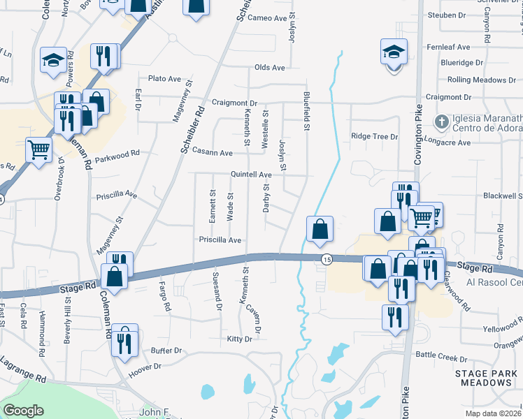 map of restaurants, bars, coffee shops, grocery stores, and more near 3075 Darby Street in Memphis