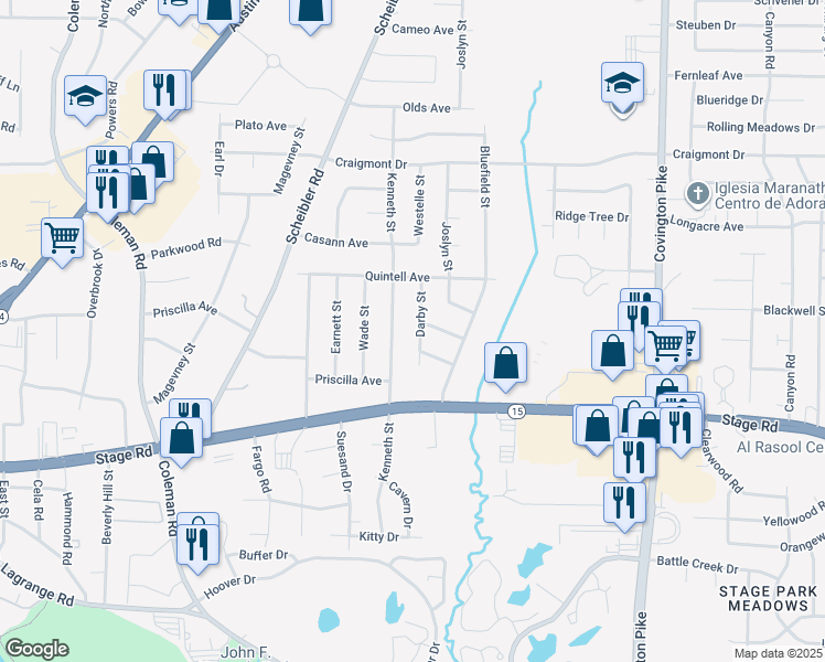 map of restaurants, bars, coffee shops, grocery stores, and more near 3075 Darby Street in Memphis