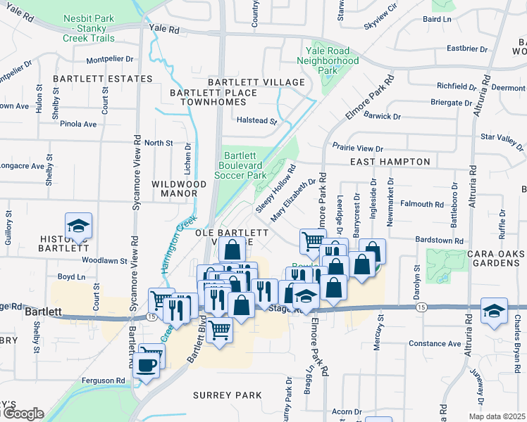 map of restaurants, bars, coffee shops, grocery stores, and more near 3076 Sleepy Hollow Road in Bartlett