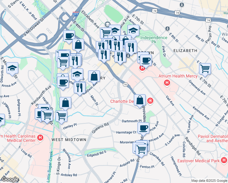 map of restaurants, bars, coffee shops, grocery stores, and more near 232 Queens Road in Charlotte
