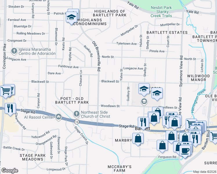 map of restaurants, bars, coffee shops, grocery stores, and more near 5535 Blackwell Street in Bartlett
