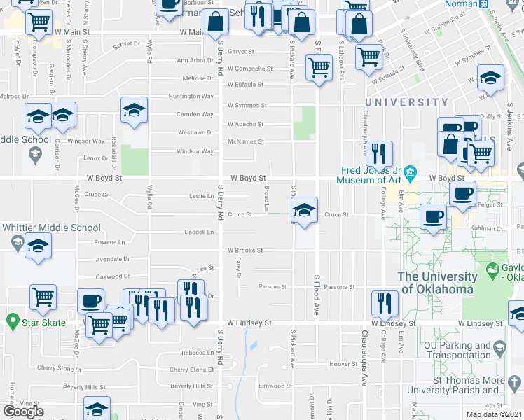 map of restaurants, bars, coffee shops, grocery stores, and more near 612 Broad Lane in Norman