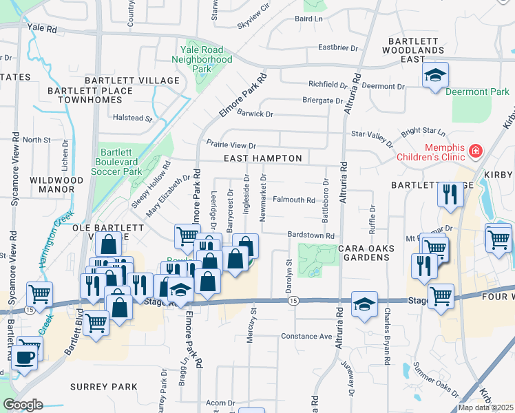map of restaurants, bars, coffee shops, grocery stores, and more near 3071 Newmarket Dr in Bartlett
