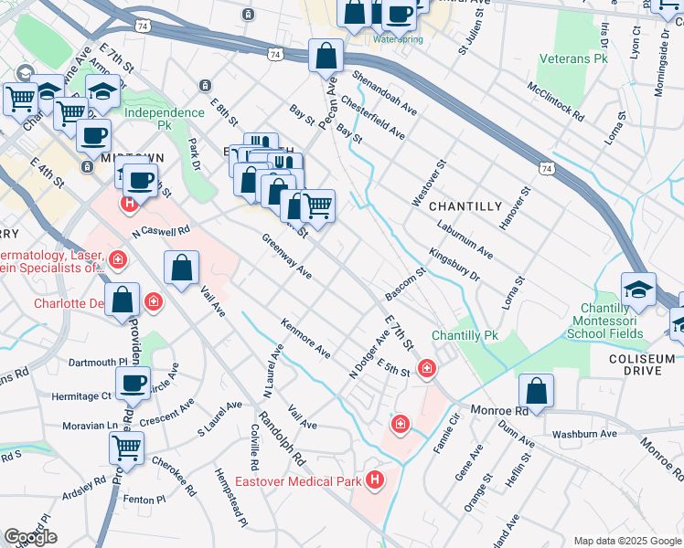 map of restaurants, bars, coffee shops, grocery stores, and more near 2300 East 7th Street in Charlotte