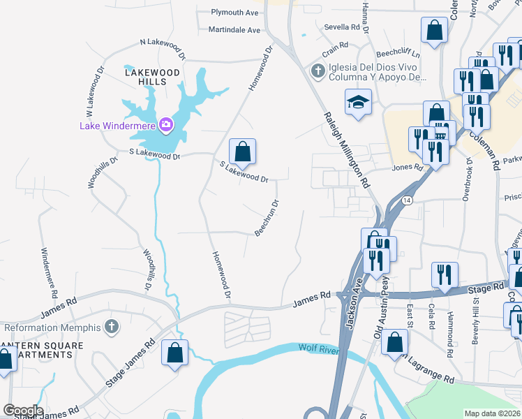 map of restaurants, bars, coffee shops, grocery stores, and more near 4024 Beechdale Cove in Memphis