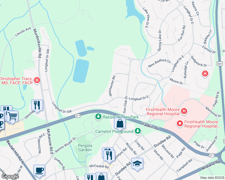 map of restaurants, bars, coffee shops, grocery stores, and more near 50 Winchester Road in Pinehurst