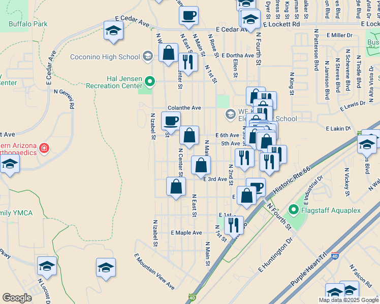map of restaurants, bars, coffee shops, grocery stores, and more near 2113 North East Street in Flagstaff