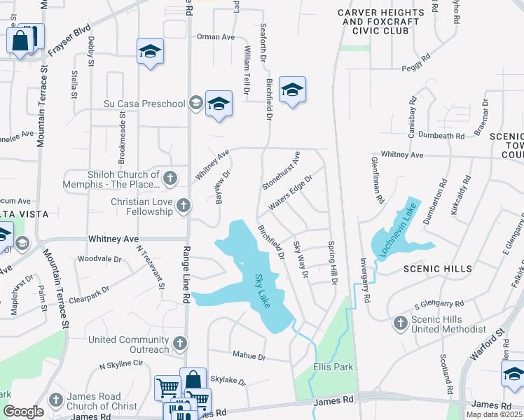 map of restaurants, bars, coffee shops, grocery stores, and more near 2768 Waters Edge Drive in Memphis