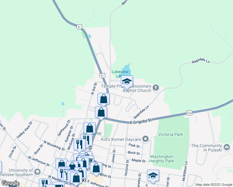 map of restaurants, bars, coffee shops, grocery stores, and more near 208 Mitchell Street in Pulaski