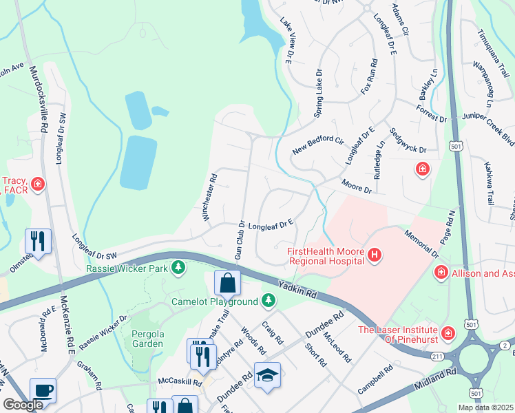 map of restaurants, bars, coffee shops, grocery stores, and more near 250 Wheeling Dr in Pinehurst