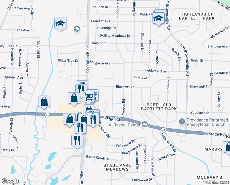 map of restaurants, bars, coffee shops, grocery stores, and more near 3074 Wood Thrush Dr in Memphis