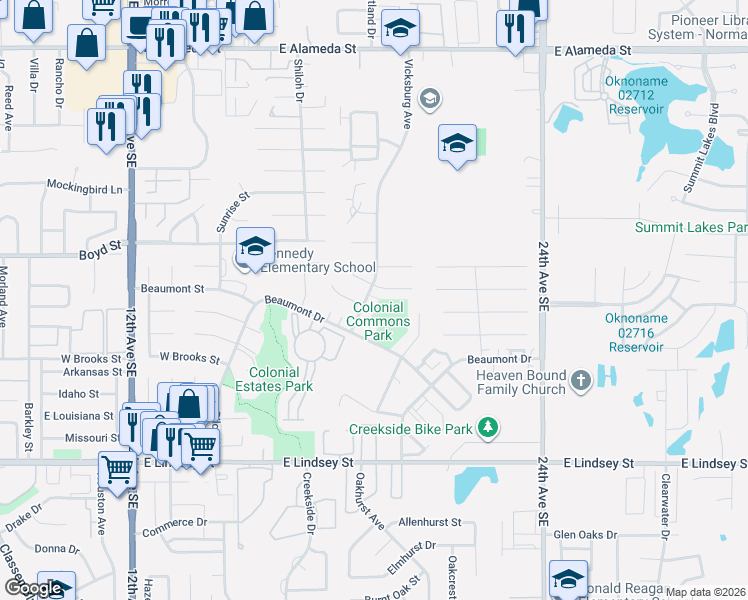 map of restaurants, bars, coffee shops, grocery stores, and more near 705 Vicksburg Avenue in Norman