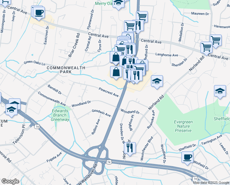 map of restaurants, bars, coffee shops, grocery stores, and more near 1539 Pinecrest Avenue in Charlotte