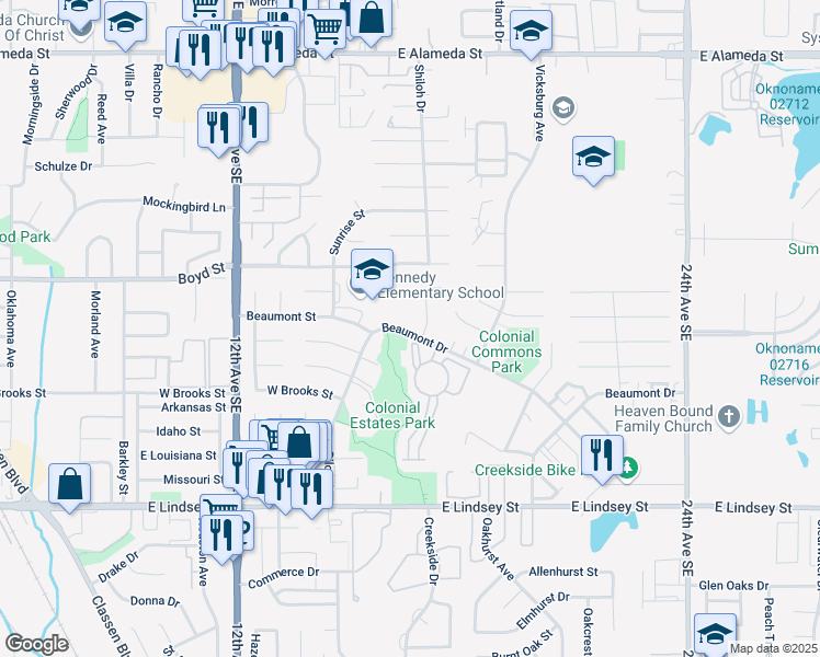 map of restaurants, bars, coffee shops, grocery stores, and more near 1617 Beaumont Drive in Norman