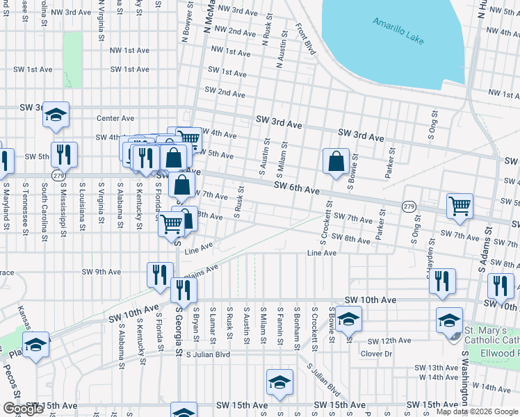 map of restaurants, bars, coffee shops, grocery stores, and more near 2109 Southwest 7th Avenue in Amarillo