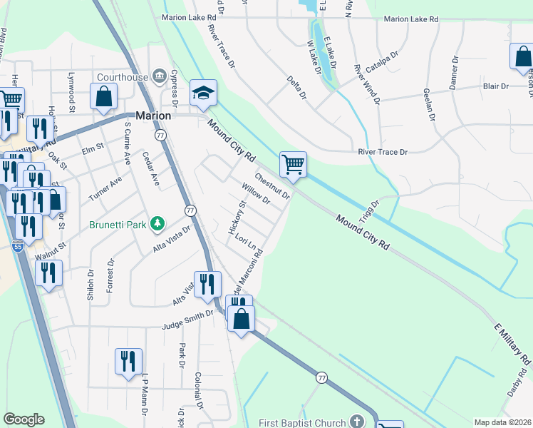 map of restaurants, bars, coffee shops, grocery stores, and more near 128 Sherwood Cove in Marion