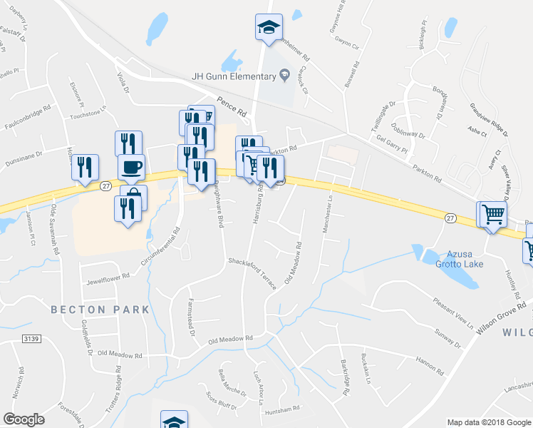 map of restaurants, bars, coffee shops, grocery stores, and more near 9305 Split Rail Lane in Charlotte