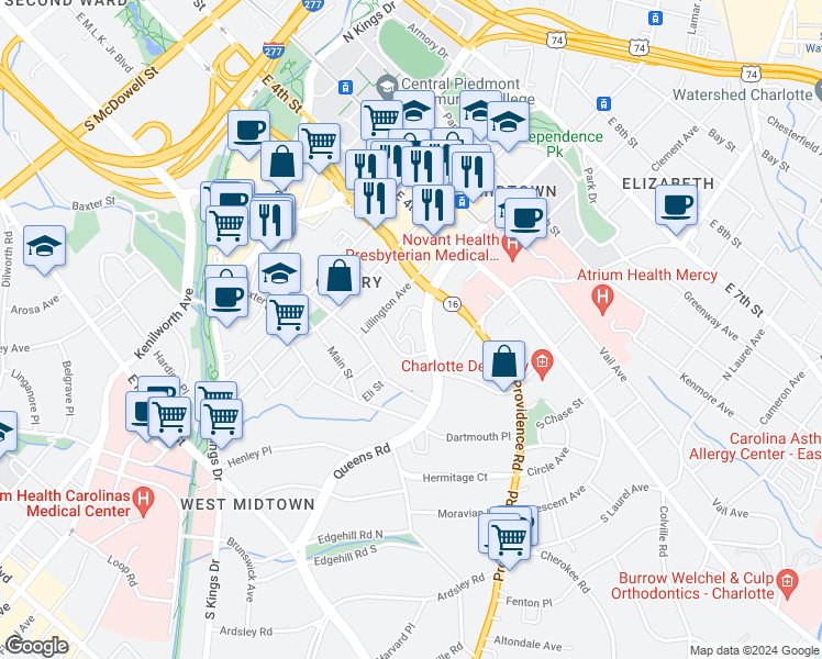 map of restaurants, bars, coffee shops, grocery stores, and more near in Charlotte