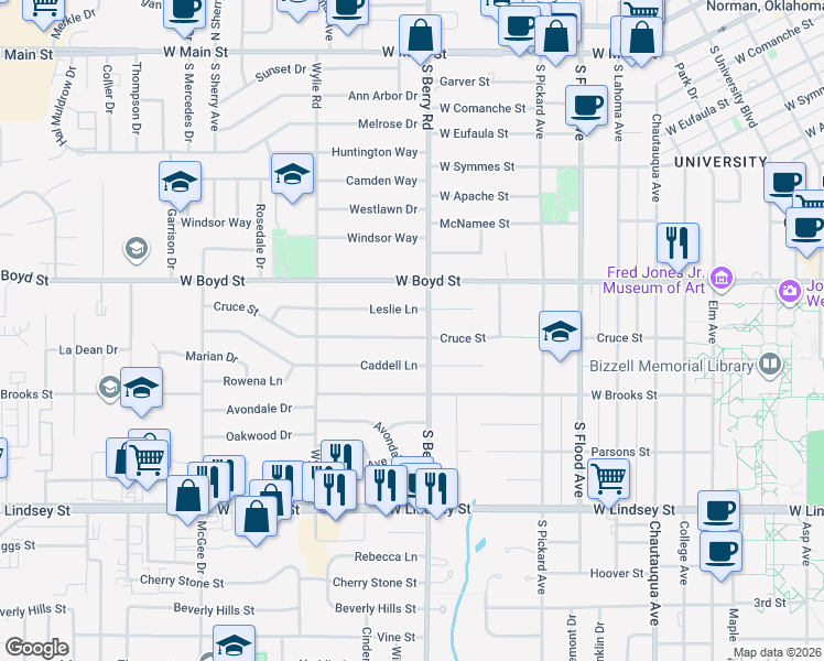 map of restaurants, bars, coffee shops, grocery stores, and more near 1203 Cruce Street in Norman
