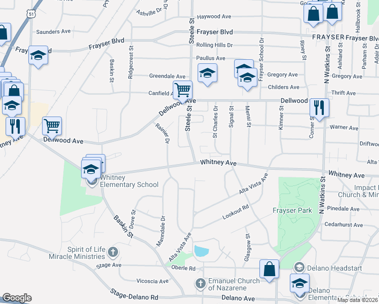 map of restaurants, bars, coffee shops, grocery stores, and more near 3055 Steele Street in Memphis