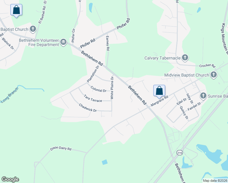 map of restaurants, bars, coffee shops, grocery stores, and more near 109 White Plains Drive in Kings Mountain